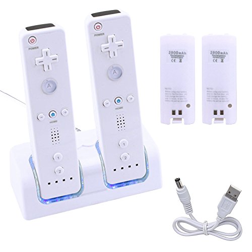 GPCT Wii Remote Dual Charger Dock With 2 Rechargeable Batteries & Docking Station + LED Lights For Wii Remote Control (Nintendo Wii (White/1 Pack))