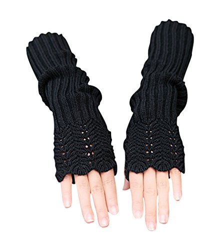 Novawo Women's Scale Design Winter Warm Knitted Long Arm Warmers Gloves Mittens (Black)