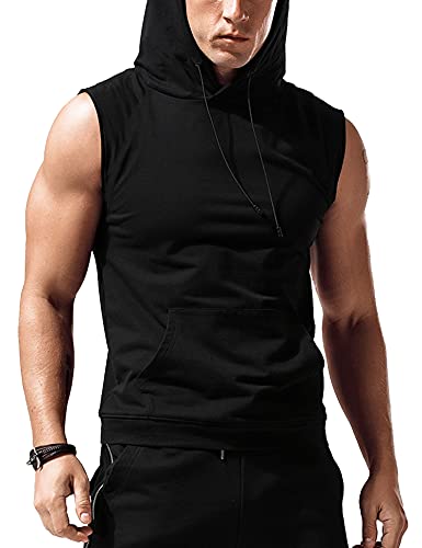Babioboa Men's Hooded Tank Top Muscle Cut Off Gym Vest Training Hooded Bodybuilding Fitness Shirt Black