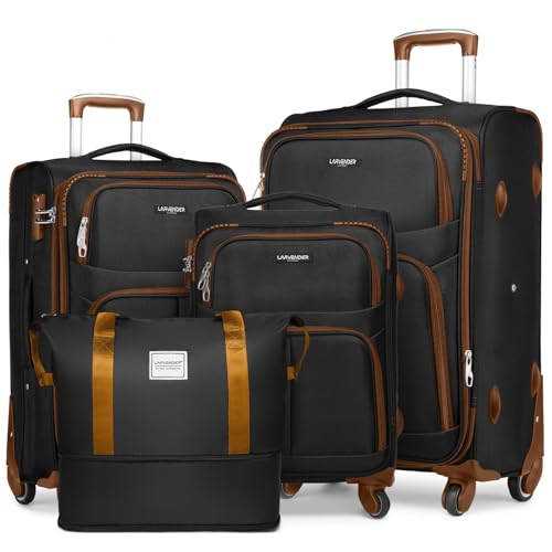 LARVENDER Softside Luggage Sets 4 Piece with Duffel Bag, Expandable Rolling Suitcases Set with Spinner Wheels, Lightweight Travel Luggage Set with TSA-Approved Lock, Black (20/24/28)'