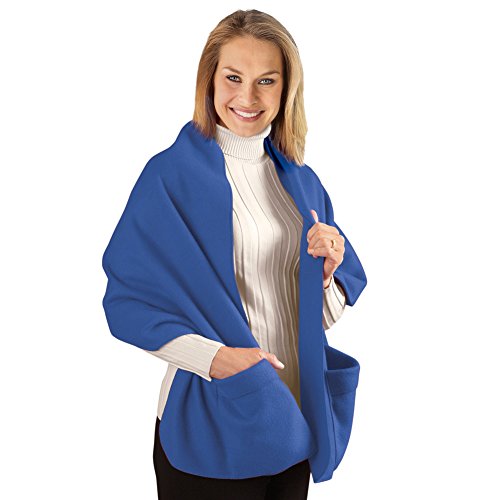 Collections Etc Cozy Fleece Wrap Shawl With Large Front Pockets - Keeps Hands and Shoulders Warm During Cold Winter Season, Royal Blue