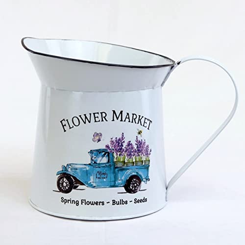 White With Blue Truck 'Flower Market' Pitcher Multi Color Metal