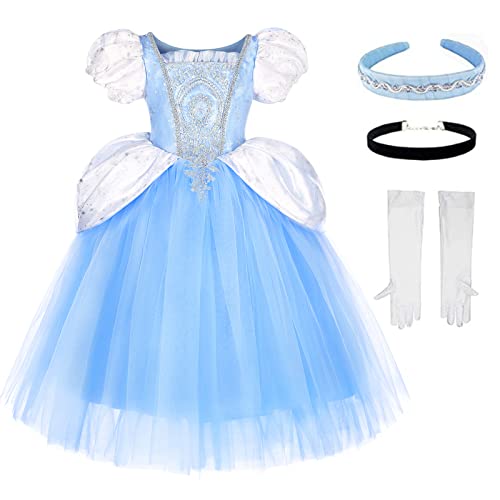 TYHTYM Cinderella Costumes Girl Dress Up Puffy Sleeves Pageant Party Halloween Fancy Ball Gown (4-5T, Blue)