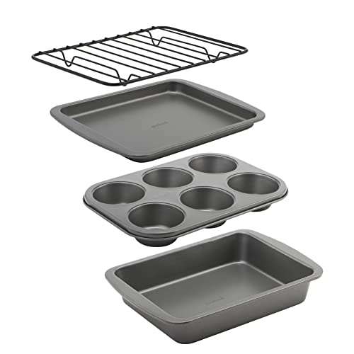 GoodCook 4-Piece Nonstick Steel Toaster Oven Set with Sheet Pan, Rack, Cake Pan, and Muffin Pan, Gray (4220), Assorted