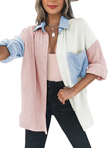 Dokotoo Womens Fashion 2024 Spring Shirts for Women Color Block V Neck Collared Button Down Roll Up Long Sleeve Cozy Basic Casual Fashion Oversized Ladies Outerwear Tops Blouses Pink L