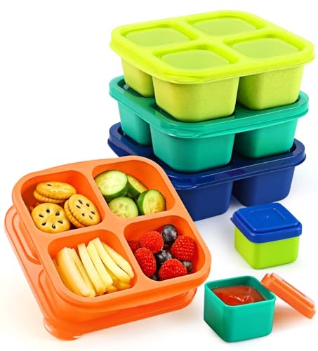 Caperci Lunchable Snack Containers - 4 Compartments Bento Snack Boxes (4 Pack) with 2 Leakproof Sauce Containers, Reusable Divided Food Containers for School, Work, Travel (Jewel Brights)