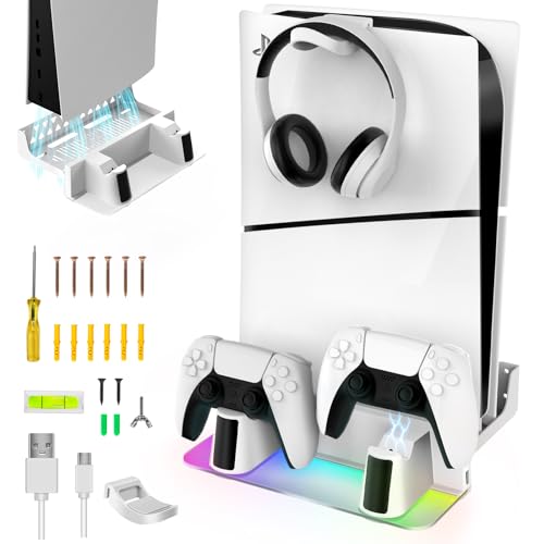 VERYMODEL PS5 Wall Mount Kit with Charging Station, Dual Controller Fast Chargers Dock with Multi-Mode RGB Light and Headphone Hanger Compatible with Playstation 5 & New PS5 Slim (Disc & Digital)