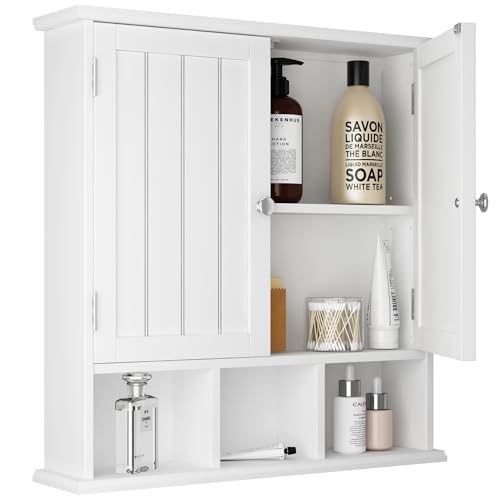 ChooChoo Bathroom Cabinet Wall Mounted 2-Door with 3 Open Shelves, Wooden Medicine Cabinets with Adjustable Shelf, Space Saver Storage Cabinets Over The Toilet for Bathroom&Living Room, White