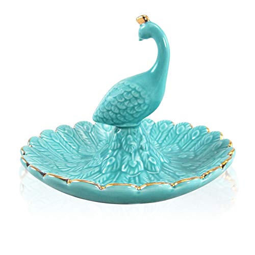 Lependor Cute Animal Ceramic Jewelry Tray Ring Holder Trinket Dish Necklace Earrings Rings Jewelry Organizer Display Jewelry Trinket Holder Home Decoration - Blue Peacock