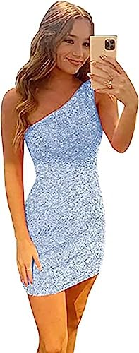 Wchecalino Sequin Homecoming Dresses for Teens Sparkly One Shoulder Bodycon Mini Prom Cocktail Party Gowns Light Blue 4