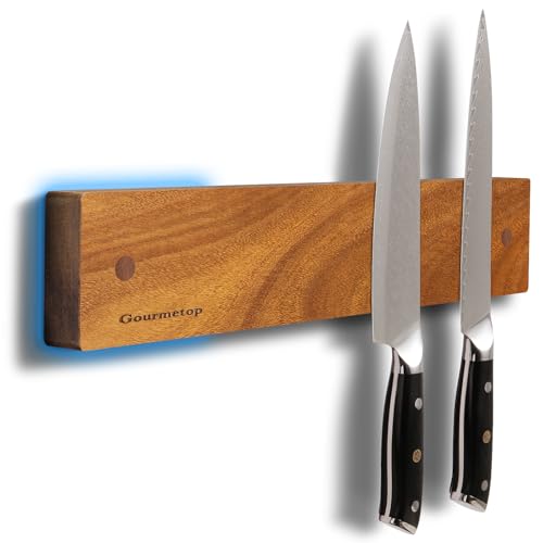Gourmetop Magnetic Knife Holder for Wall 12inch, Knife Magnetic Strip No Drilling, Acacia Wood Magnetic Knife Holder for Refrigerator, Strong Knife Magnet&Knife Rack for Kitchen Utensil Organizer