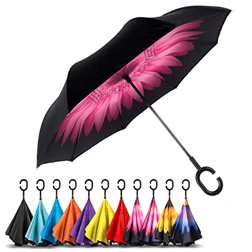 EEZ-Y Inverted Umbrella with C-Shaped Handle for Men & Women, Windproof and Water Resistant Umbrella - Big Umbrellas for Rain