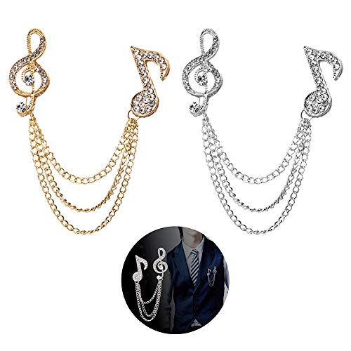 Huture 2 Pack Men's Music Note Mark Brooch Lapel Pin Badge Hanging Chains Collar Brooches Pin for Career Suit Tuxedo of Shirts Tie Hat Scarf for Boyfriend Father Birthday Gift Gold/Silver