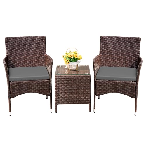 Devoko Patio Porch Furniture Sets 3 Pieces PE Rattan Wicker Chairs with Table Outdoor Garden Furniture Sets (Brown/Grey)