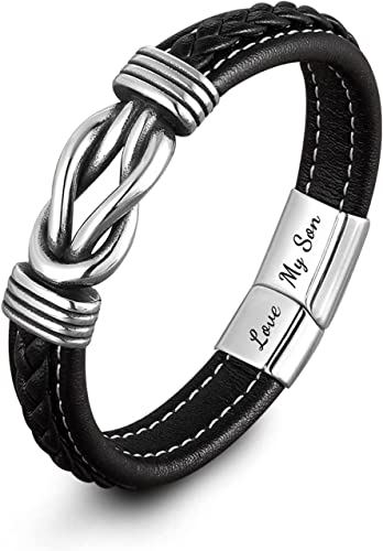 Mother and Son Forever Linked Together Braided Leather Bracelet, Men's Stainless Braided Leather Bracelet Bangle Wristband,Inspirational birthday gift from mom to son