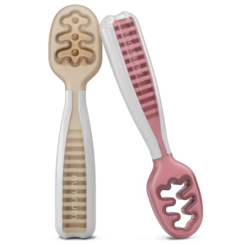NumNum Baby Spoons Set, Pre-Spoon GOOtensils for Kids Aged 6+ Months - First Stage, Led Weaning (BLW) Teething - Self Feeding, Silicone Toddler Food Utensils - 2 Spoons, Beige/Mauve