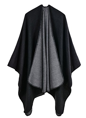 Hycurey Women Winter Knitted Faux Cashmere Poncho Capes Plus Size Shawl Cardigans Sweater Coat Black-grey Free