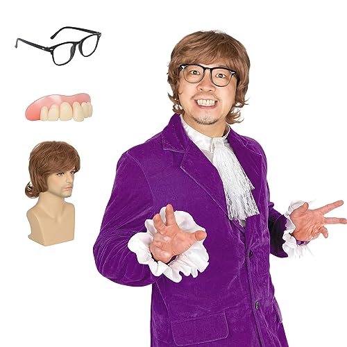 Yan Dream Men Short Brown Funny Wig with Glasses and Cosplay Teeth 70s Party Halloween Outfit