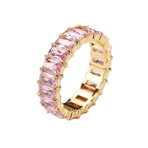 pickyegg.com Women's Stainless Steel Colorful Zircon Gemstone Ring Size 6-10 (Gold-Pink,9)