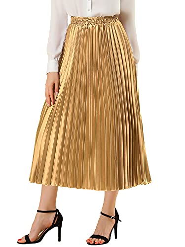 Allegra K Women's Party Elastic Waist Metallic Shiny Accordion Pleated Midi Skirt Large Gold