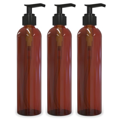BRIGHTFROM Lotion Pump Bottles, Empty 8 OZ, BPA-Free Refillable Plastic Containers, Amber with Black Dispenser for - Soap, Shampoo, Lotions, Liquid Body Soap, Creams and Massage Oil (3 Pack)