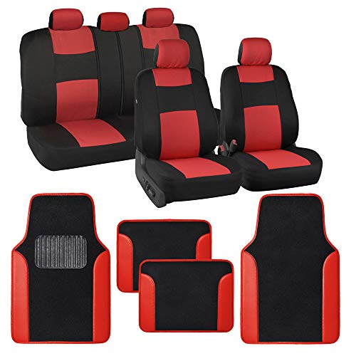 BDK PolyPro Red Car Seat Covers Full Set with 4-Piece Car Floor Mats - Two-Tone Seat Covers for Cars with Carpet, Interior Covers for Auto Truck Van SUV