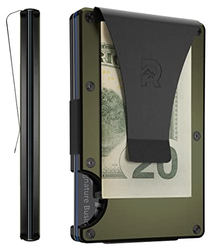 The Ridge Wallet For Men, Slim Wallet For Men - Thin as a Rail, Minimalist Aesthetics, Holds up to 12 Cards, RFID Safe, Blocks Chip Readers, Aluminum Wallet With Money Clip (Matte Olive)