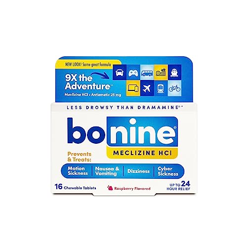 Non-Drowsy Bonine for Motion Sickness Relief, Sea Sickness, Car Sickness, Nausea and Vomiting, with Meclizine Hcl 25mg, Raspberry, Travel-Sized 16ct (Packaging May Vary)