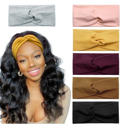 Huachi Turban Headbands for Women Wide Head Wraps Knotted Elastic Teen Girls Yoga Workout Solid Color Hair Accessories, 6 Pack