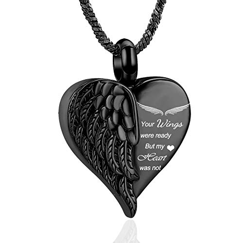 Yinplsmemory Love Heart Urn Necklace for Ashes Keepsake Memorial Cremation Jewelry Stainless Steel Angel Wing Ashes Holder Memorial Gift for Loss of Father/Mother/Pet (Black)