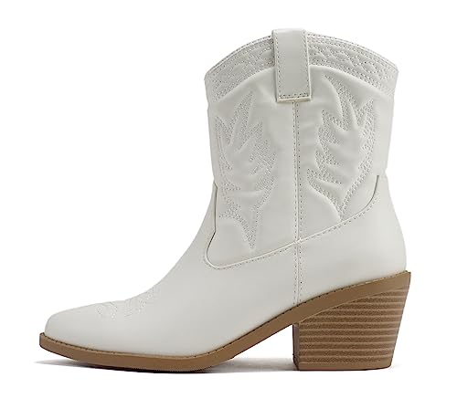 Soda Picotee Women Western Cowboy Cowgirl Stitched Ankle Boots (White PU, us_footwear_size_system, adult, women, numeric, medium, numeric_7_point_5)