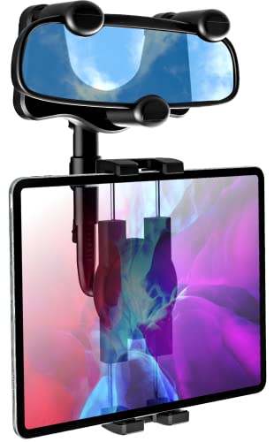 YOOZ Car Rearview Mirror Tablet Mount, Truck Rear View Mirror Tablet Phone Holder Bracket with Adjustable Arm [Rotatable 360° & Retractable] for iPad Air Mini, Galaxy, Fire, iPhone, 4-11'