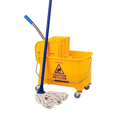 Mind Reader Mop Bucket with Wringer, 22 Qt (5.5 Gallon), Floor Cleaning, Handle, Wheels, 16.25'L x 10.75'W x 24.5'H, Yellow