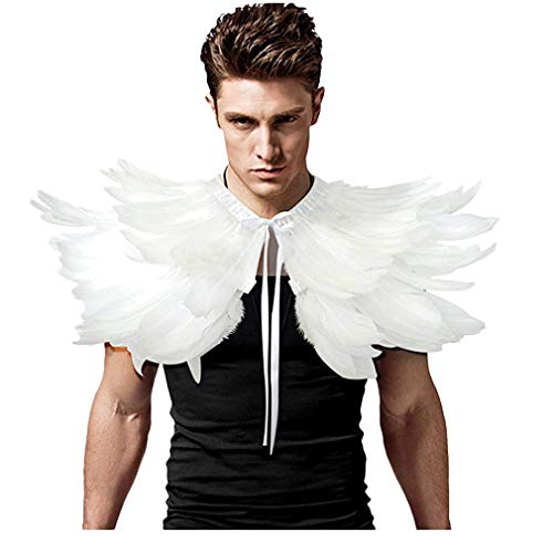 L'VOW Men' Gothic Natural Feather Shrug Shawl Cape Stole Collar Halloween Costumes (White-06)