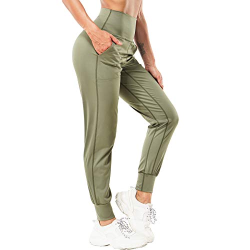 LEINIDINA Women’s Jogger Pants High Waisted Sweatpants with Pockets Tapered Casual Lounge Pants Loose Track Cuff Leggings (Olive Green, Medium)