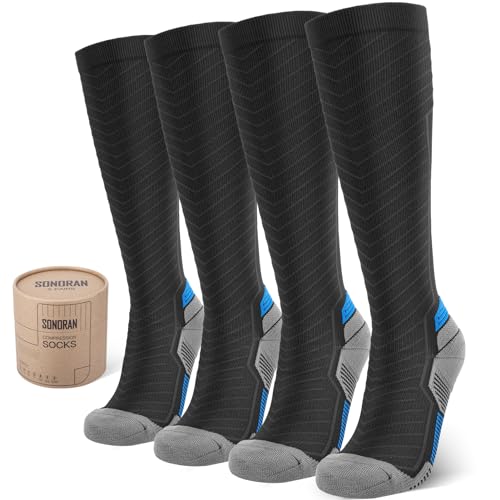 SONORAN 2 Pairs Compression Socks for Men & Women 20-30 mmHg Graduated Compression Socks Knee High Best Support for Running, Travel, Athletic L/XL（Black Blue）
