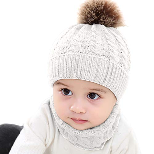 2PCS Toddler Baby Knit Hat Scarf Winter Warm Beanie Cap with Circle Loop Scarf Neckwarmer (White)