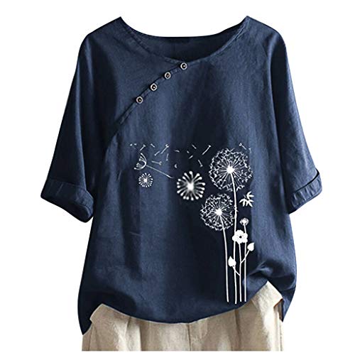 Summer Womens Cotton Linen Short Sleeve Tshirt Tops Flowers Trendy Loose Fit Tunic Tees Button Down Plus Size Blouse