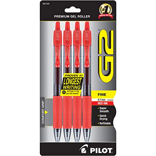 Pilot, G2 Premium Gel Roller Pens, Fine Point 0.7 mm, Red, Pack of 4