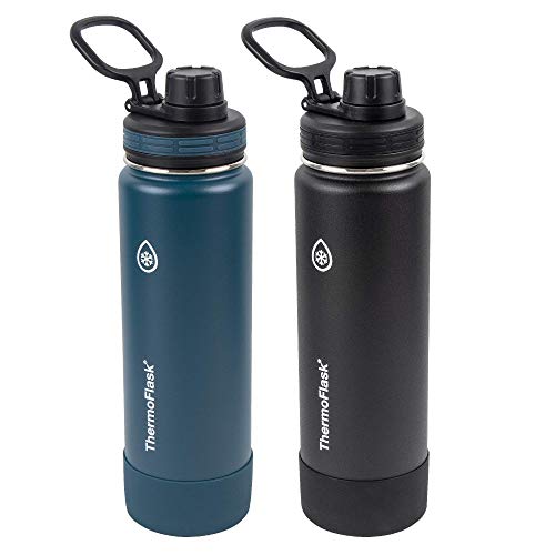 ThermoFlask 24 oz Double Wall Vacuum Insulated Stainless Steel 2-Pack Of Water Bottles, Mayan Blue/Black