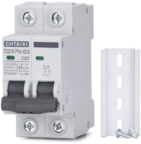 Chtaixi AC Miniature Circuit Breaker, 20 Amp 120V/240V 2 Pole DIN Rail Mount Circuit Breaker, Thermal Magnetic Trip, Solar AC Disconnect Switch MCB C20