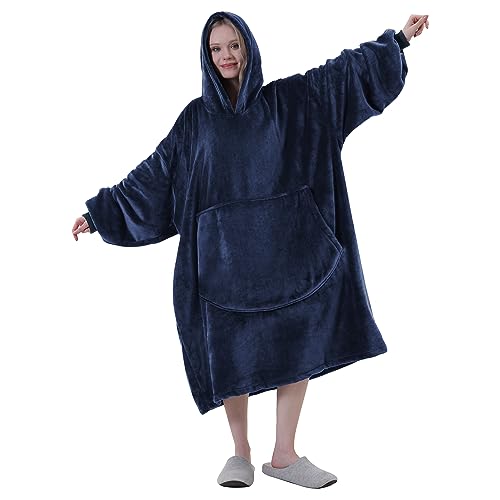 Easy-Going Oversized Flannel Wearable Blanket Hoodie for Adults, One Size Fits All, Navy