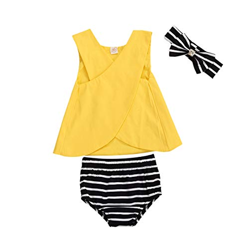 Toddler Baby Girls Fashion Suit Sleeveless Solid Top Stripe Shorts Bottoms Bow Headband 3 Pcs Set Summer Clothes (Yellow, 2-3T)