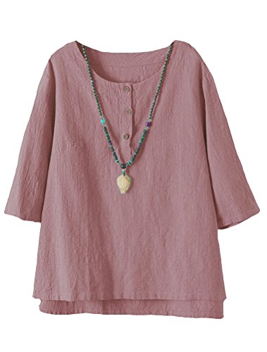 Minibee Women's 3/4 Sleeve Cotton Linen Jacquard Blouses Top T-Shirt (XL, Pink)