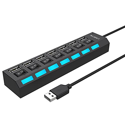 Multi Port Splitter, 7 Port USB 2.0 Hub, USB A Port Data Hub with Independent On/Off Switch and LED Indicators, Lights for Laptop, PC, Computer, Mobile HDD, Flash Drive and More (Black 2.0)