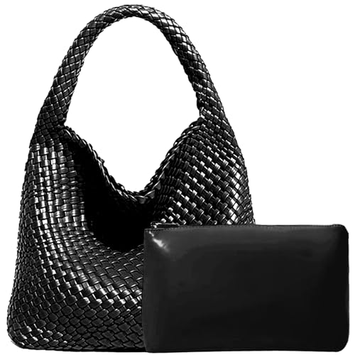 Women Vegan Leather Hand-Woven Tote Handbag Fashion Shoulder Top-handle Bag All-Match Underarm Bag with Purse (Black)