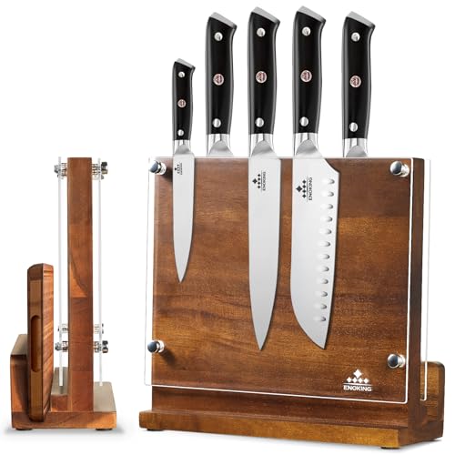 ENOKING Magnetic Knife Block with Acrylic Shield, Double Side Kitchen Knife Holder without Knives- Acacia Wood Universal Knife Storage Organizer with Powerful Magnet for Kitchen Counter