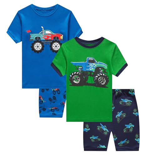 Little bety Cotton Pajamas Boys Short Pajamas Toddler Boys Monster Truck Pjs Summer Kids Sleepwear Size 5 Green&Blue