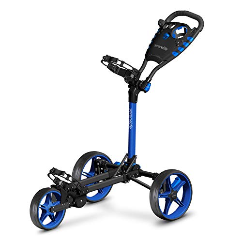 SereneLife 3 Wheel Golf Push Cart - Lightweight Folding Golf Walking Push Cart Roller Golf Bag Holder W/ Upper/Lower Bracket W/ Elastic Strap, Scorecard Storage Compartment - SLGCFLW
