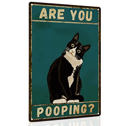 ALKB Bathroom Sign Tuxedo Cat Wall Decor Funny Metal Sign 8x12 Inch - Are You Pooping - Wall of Glory Decor Black Cat Sign